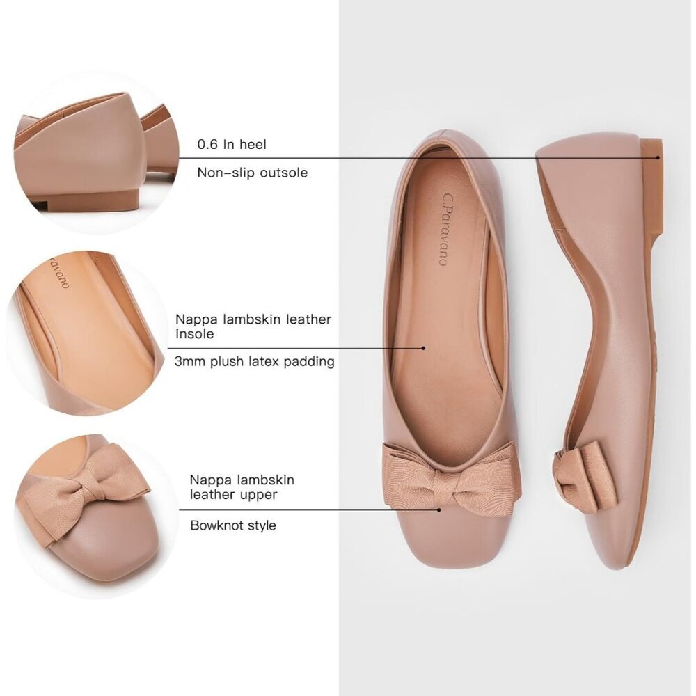 Women's Dark Tan Leather Square Toe Flats Ballet Loafers Layered Bow Shoes - Picture 4 of 6
